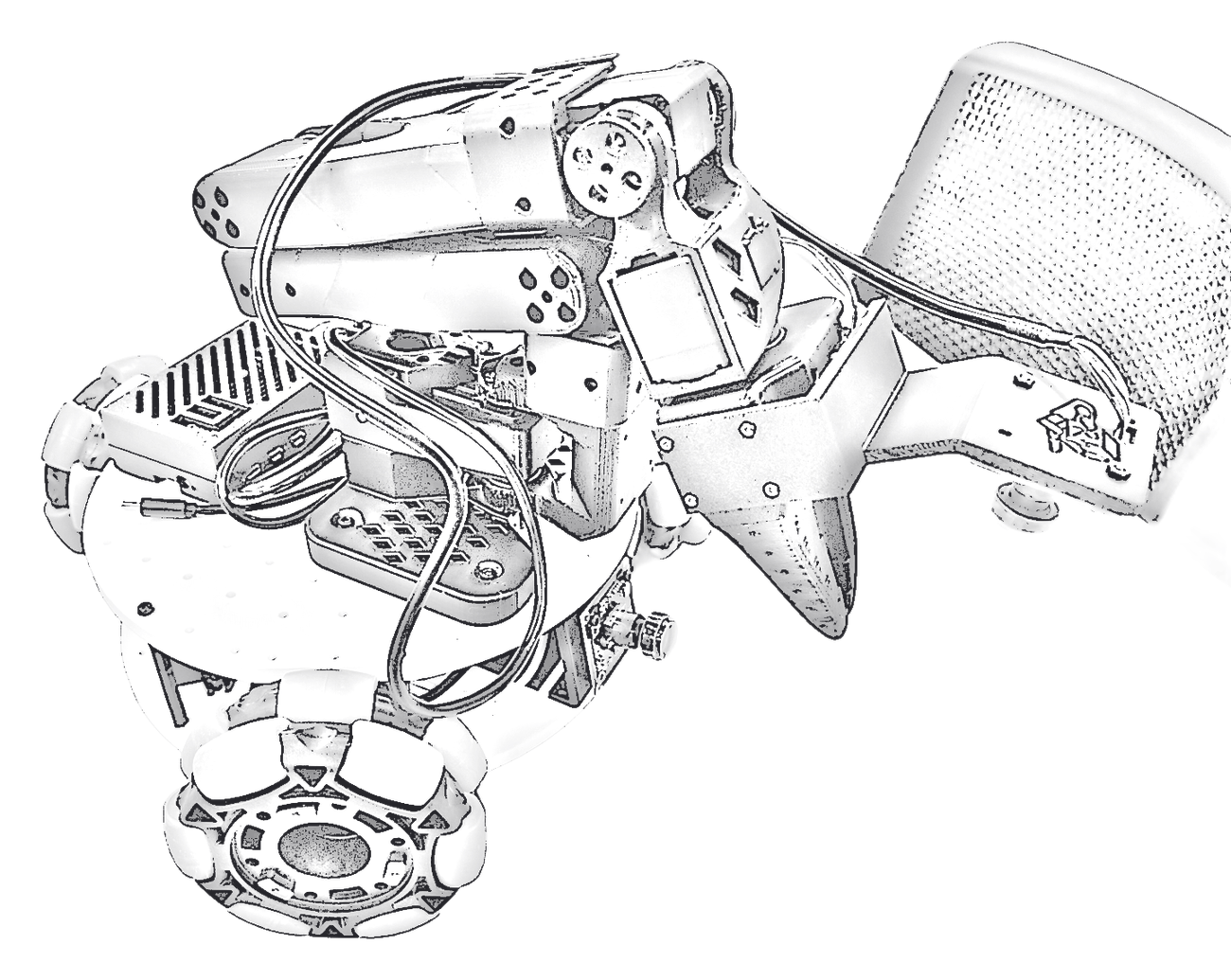 Pencil drawing of LeKiwi, a round mobile base on omni-wheels carrying an SO-101 arm.